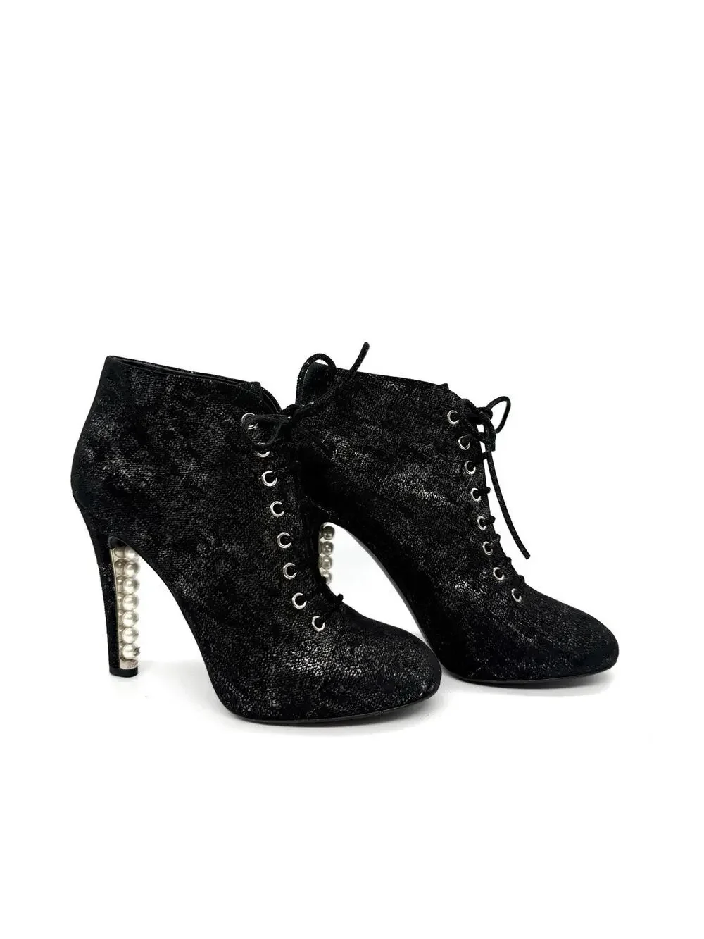 Chanel Pearls Heel Ankle Boot Velvety Black Leather Lace Up EU 39.5 US 9.5